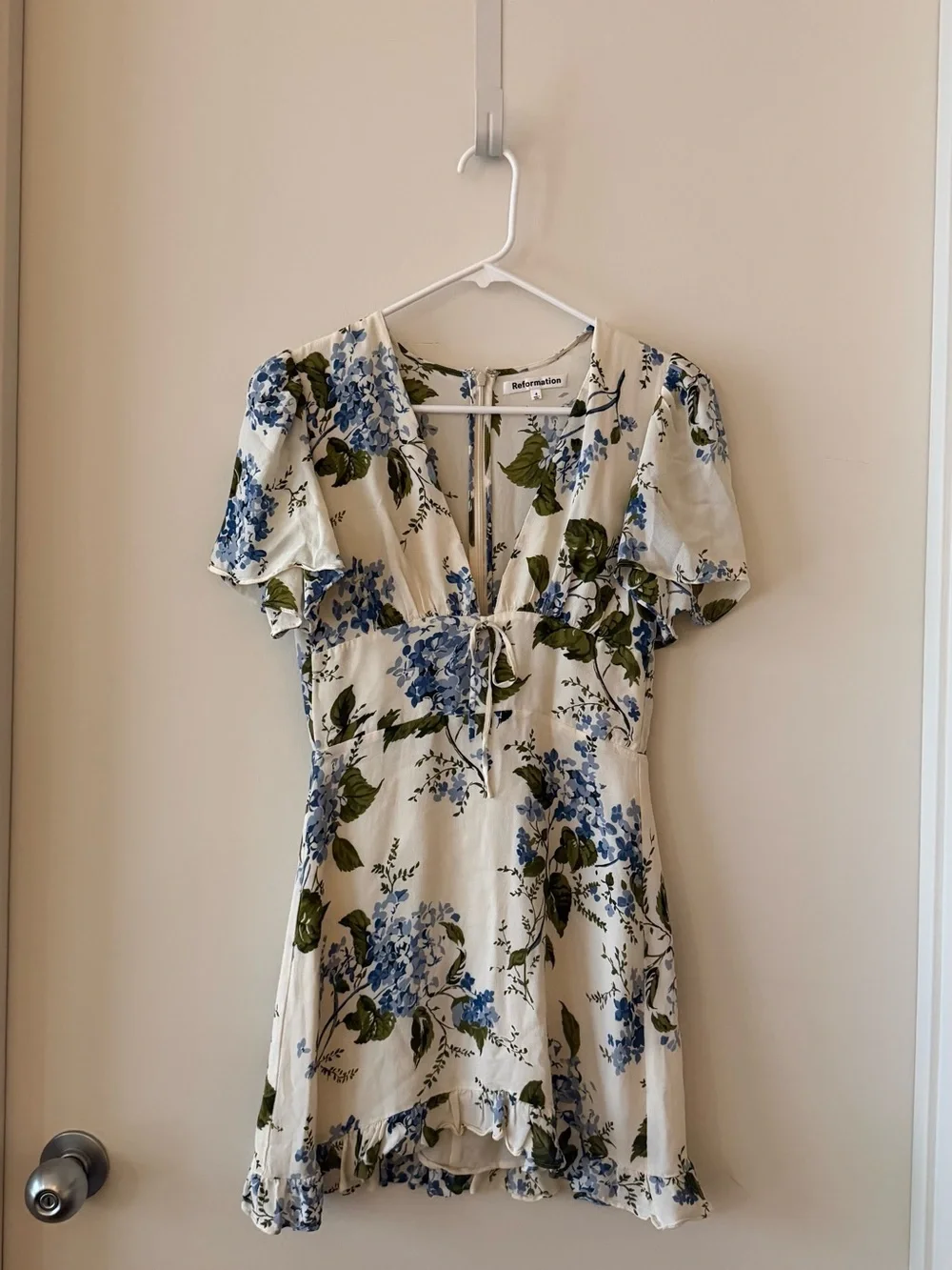 Reformation Mya Cream Mini Dress with Blue & Green Floral Print - Picture 2 of 3